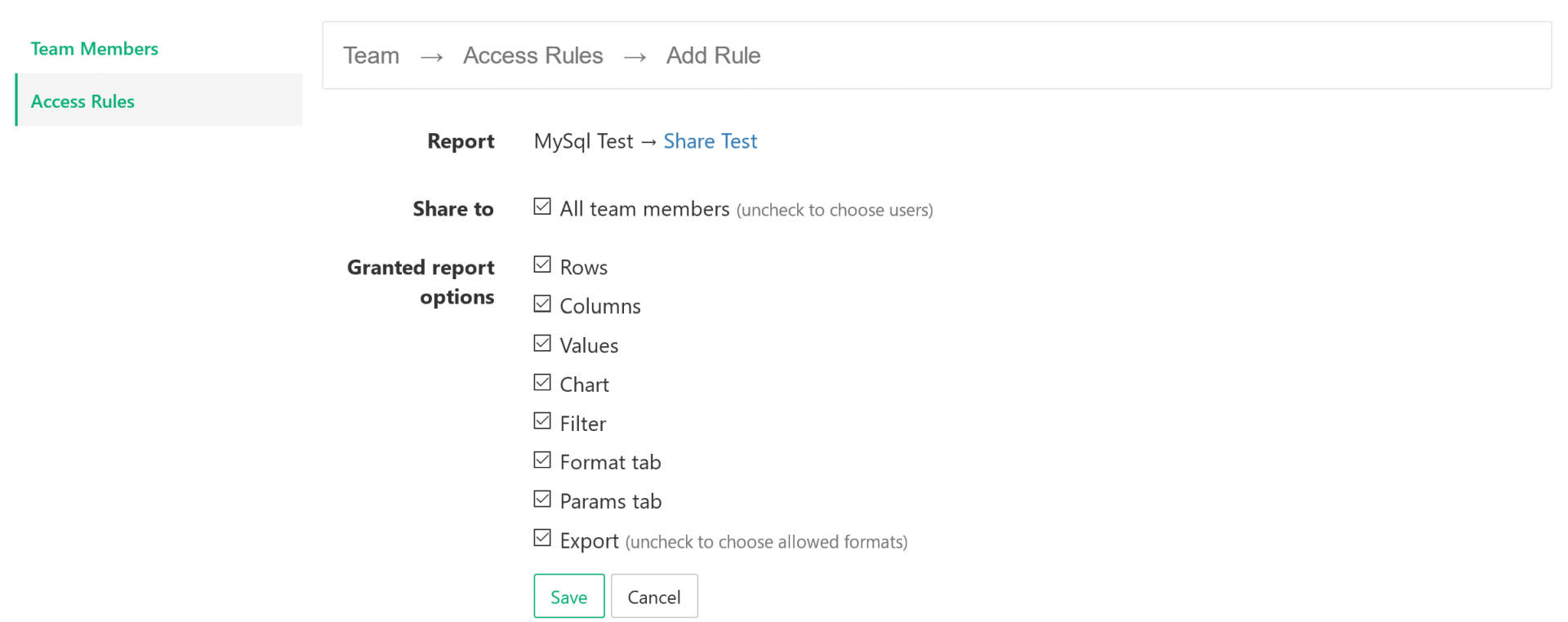 Team sharing: report access rule